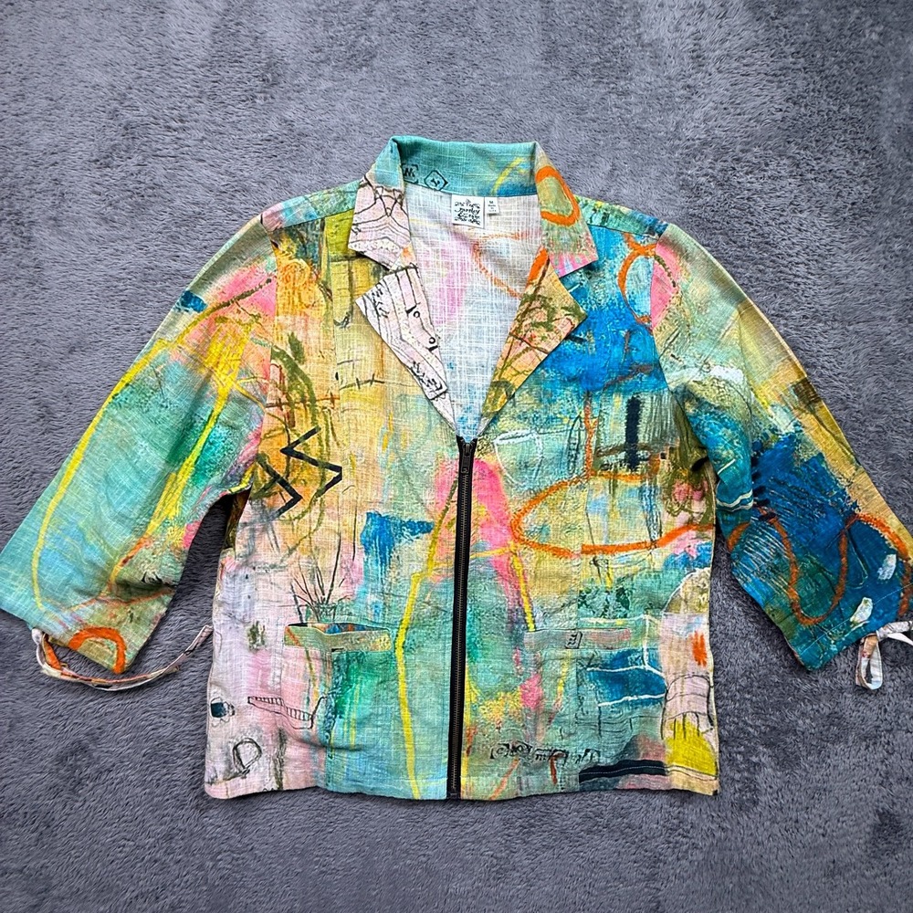 Parsley & Sage Cotton Zip Top Womens M Floral Watercolor Art to Wear Lagenlook